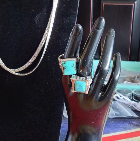 Turquoise Silver Ring Set 2 Rings Both Size 10 To 12 Adjustable Backs...Heavy